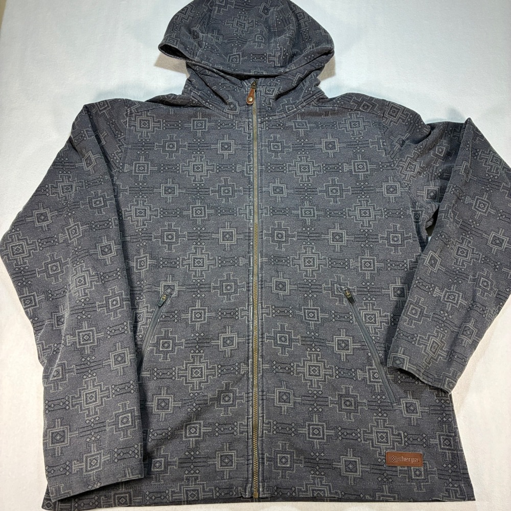 Sherpa Adventure Gear Zip Hoodie Large Mens Grey Geometric Aztec Knit Jacket